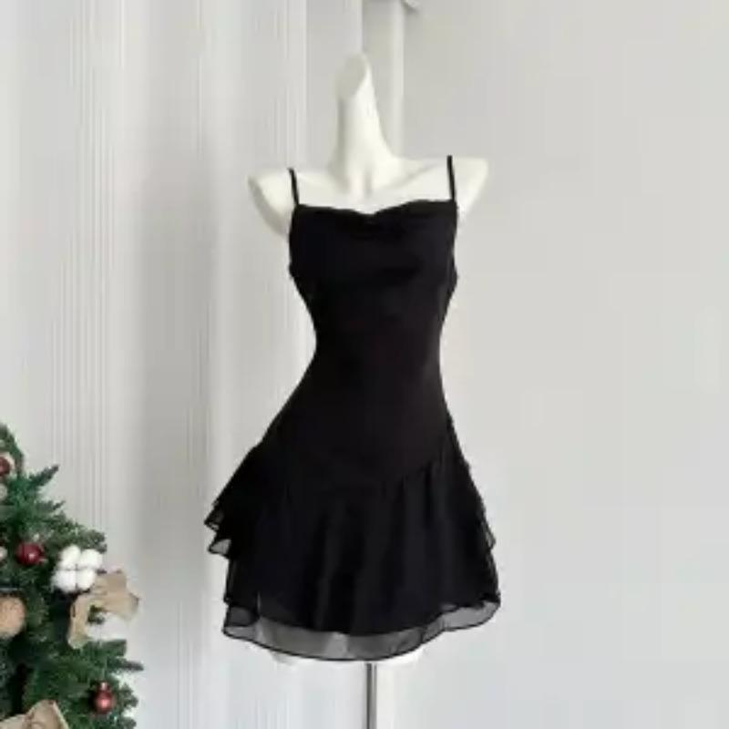 

Women s Black Sling Mini Dress Cowl Neck Ruffle Hem Slim Fit Party Dress S чорний