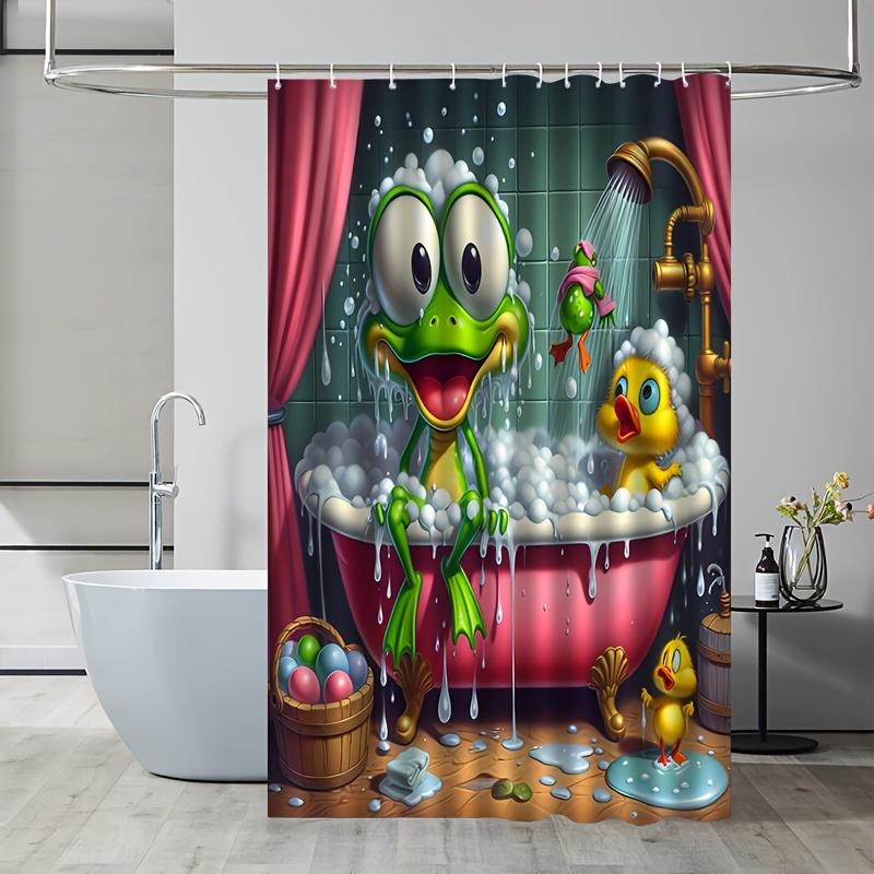 Fun Cartoon Frog and Yellow Duck Family Bath Time Shower Curtain for Kids Bathroom Decor Novelty Shower Curtain