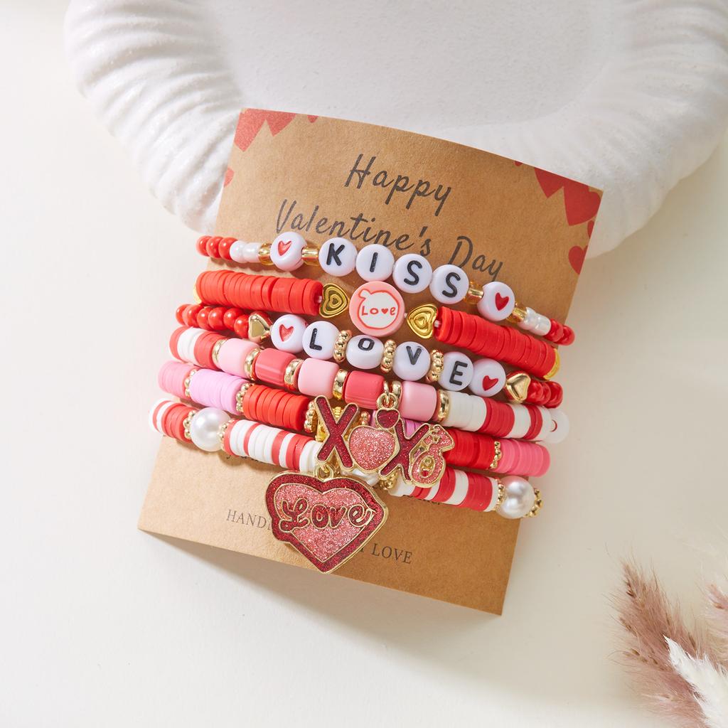 6Pcs/Set Romantic Love Heart Pendant Bracelets for Women Girls Cute Pink Soft Clay Beaded Bangles Valentine's Day Jewelry Gift
