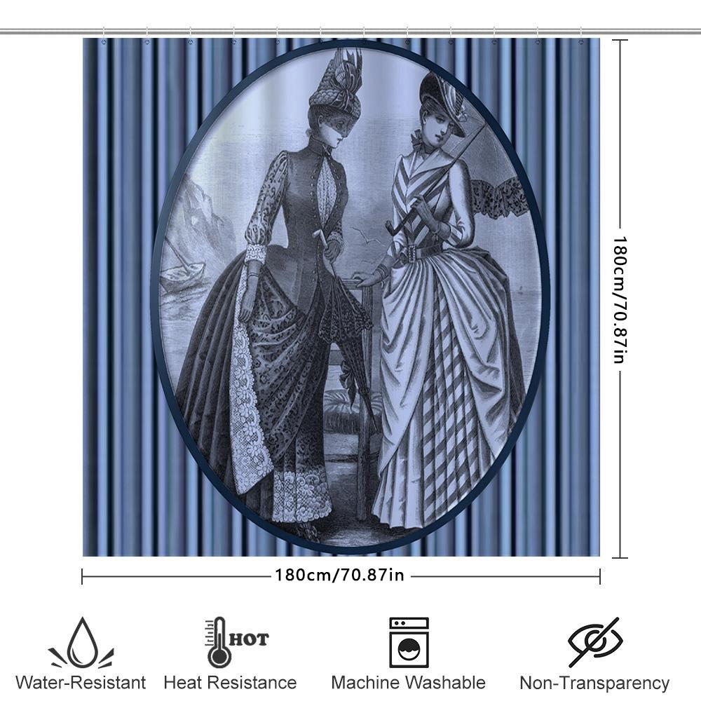 Luxury Vintage Print Shower Curtain Waterproof Bath Decorative Home Decoration Victorian Style Girl Dress Blue White Stripe Patt