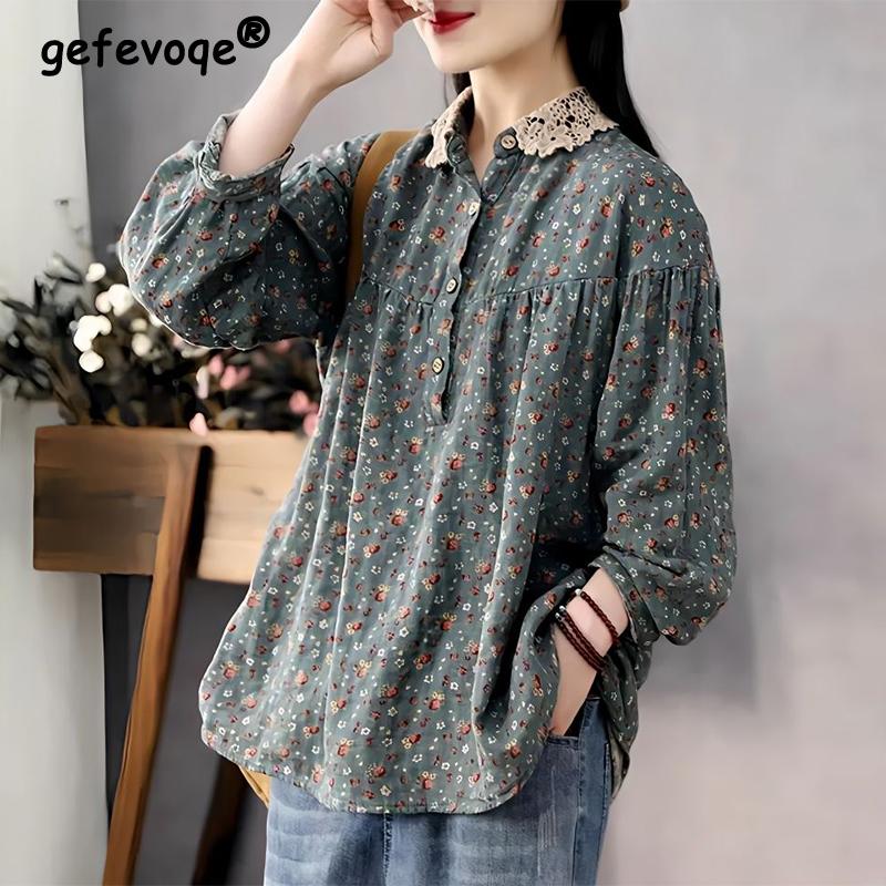 Spring Autumn Lace Patchwork Shirt Women Floral Print Shirt Ladies Loose Casual Vintage Long Sleeve Pullover Top