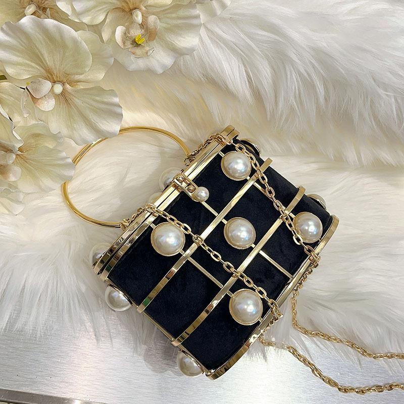 Metal Birdcage Hollow Bucket Bag Shiny Not Glittering Rhinestone Premium Pearl Portable Dinner Bag