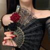 1 szt. Koronkowy wachlarz ręczny z kwiatem, lekki, retro, rekwizyt fotograficzny na imprezę, wachlarz Lolita Gothic w stylu pałacu królewskiego, dekoracja ze sztucznej róży