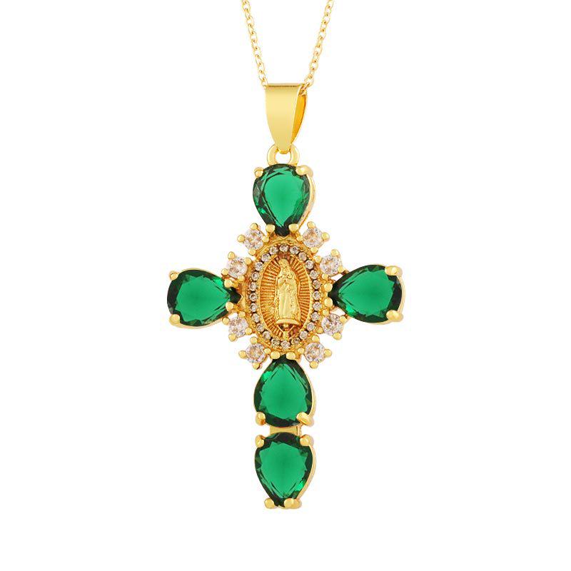 Copper Plated 18K Gold Cross Pendant Necklace with Multi-color Zircon Embellishments