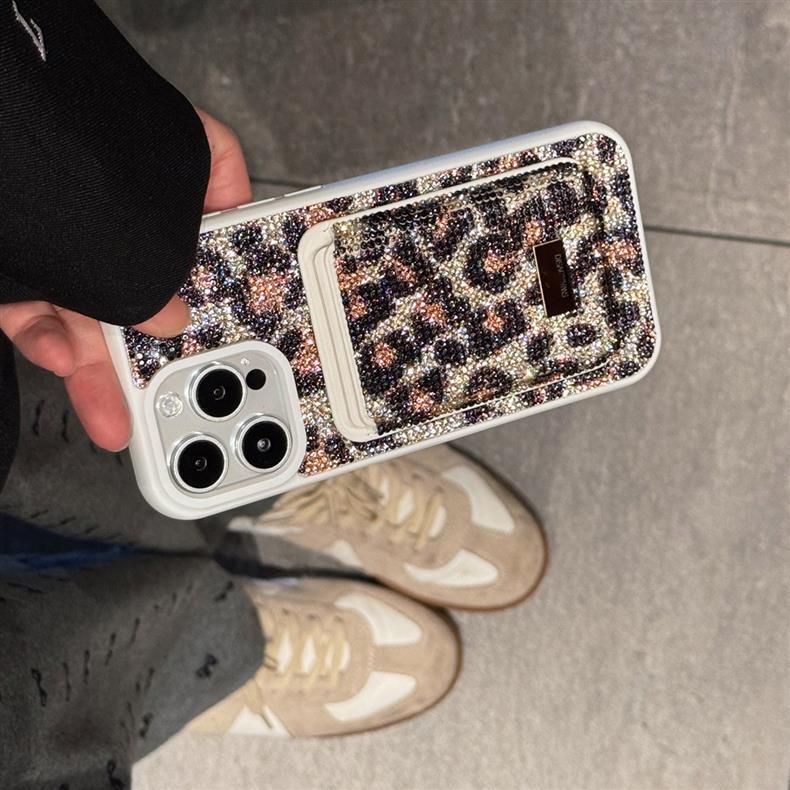 Luxury Rhinestone Phone Case For iPhone17Air 13 14 15 16 Pro Max Glitter Crystalline For Magsafe Card Holder Shockproof Protect Leopard Cover