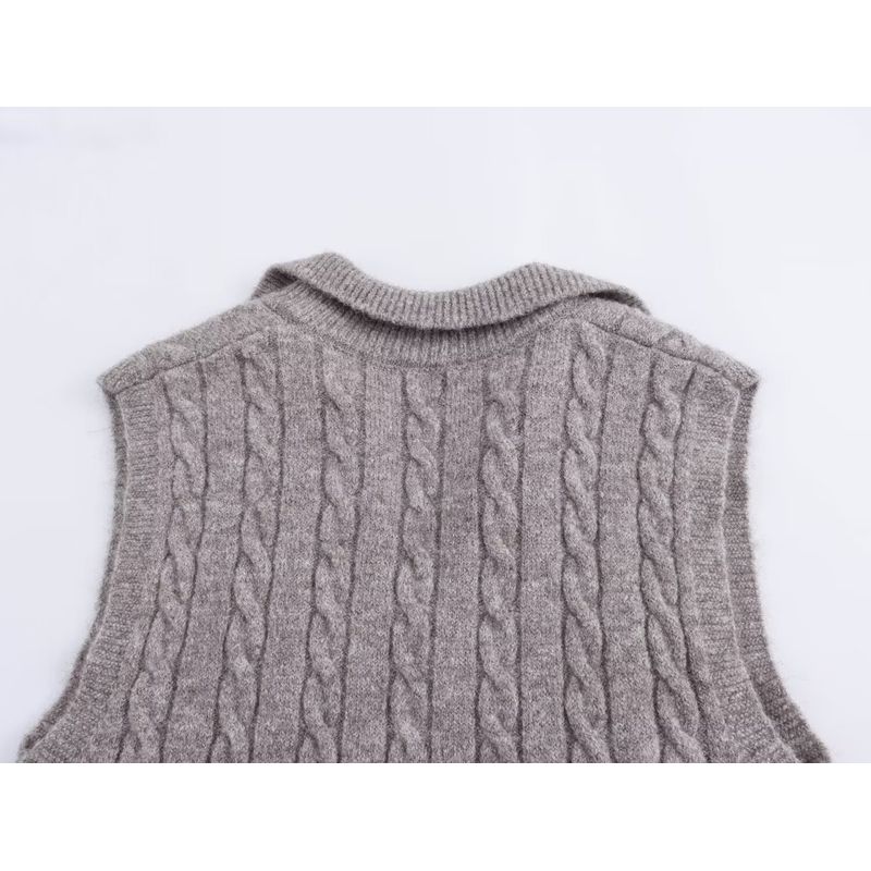 Kaslead New Arrival Women's Clothing Fashion Style Old Money Style Polo Lapel Cable Stitch Knitting Sweater Vest