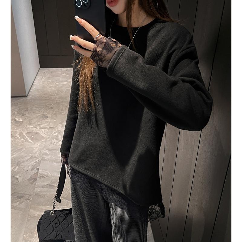 Lace Splicing Long-sleeved T-shirt Women's German Velvet Thickened Casual Inner Top Loose Bottoming Shirt