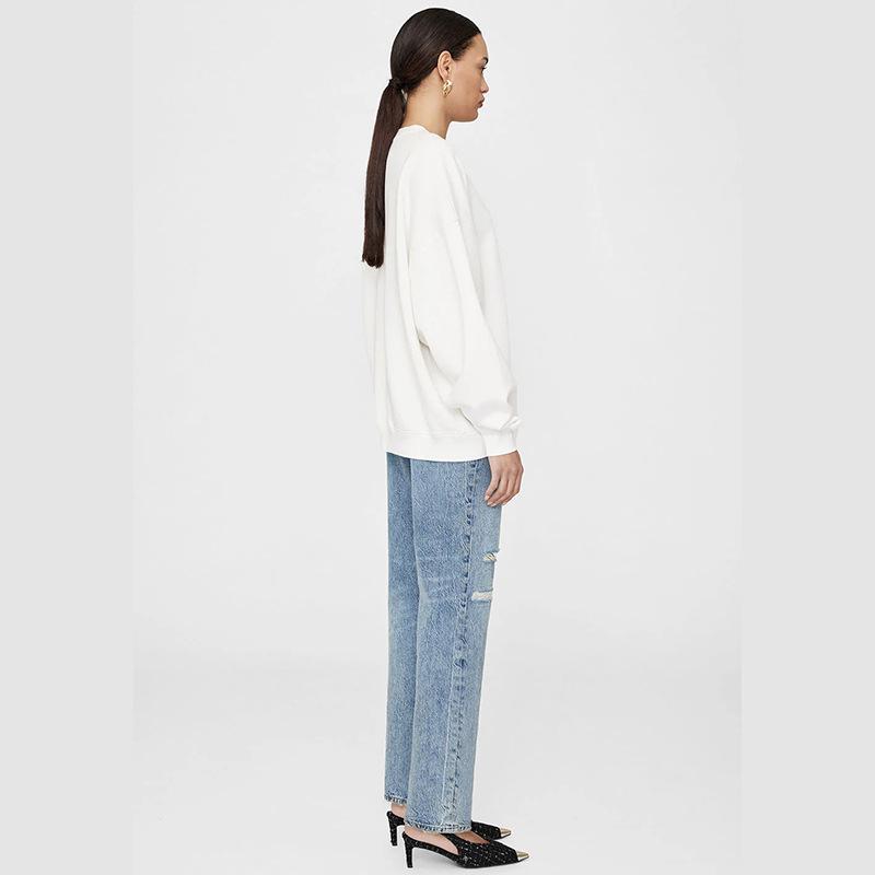 Early Autumn Off-White Women's Crew Neck Fleece Sweatshirt with Hand-Cranked Embroidery