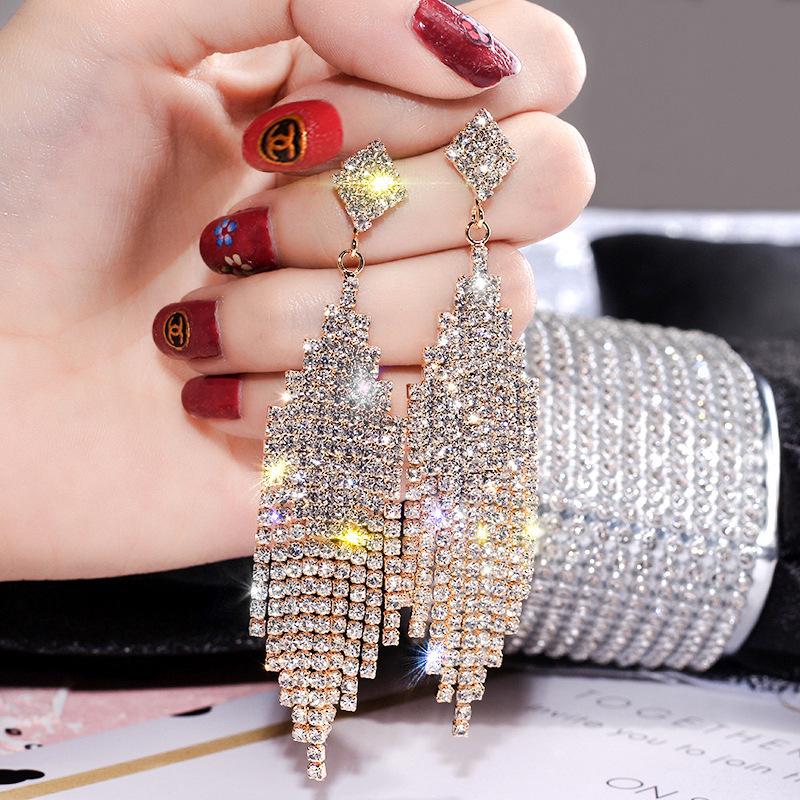 Korean Versatile Rhinestone Tassel Earrings S925 Silver Needle Long Studs for Women