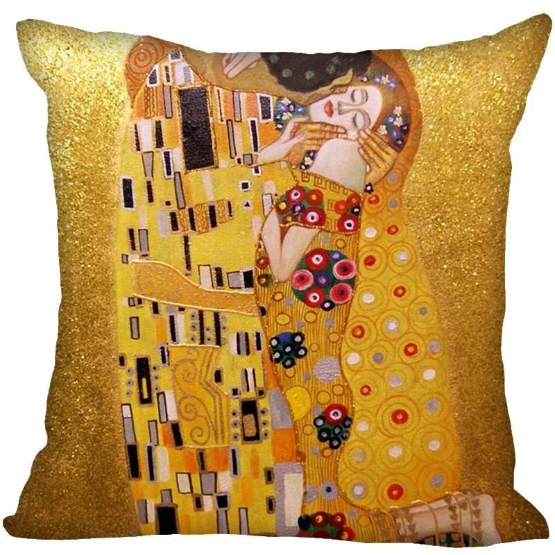 Gustav Klimt Oil Painting Printed Polyester Decorative Pillowcase Home Sofa Square Pillowcover Cushion Cover 45X45Cm