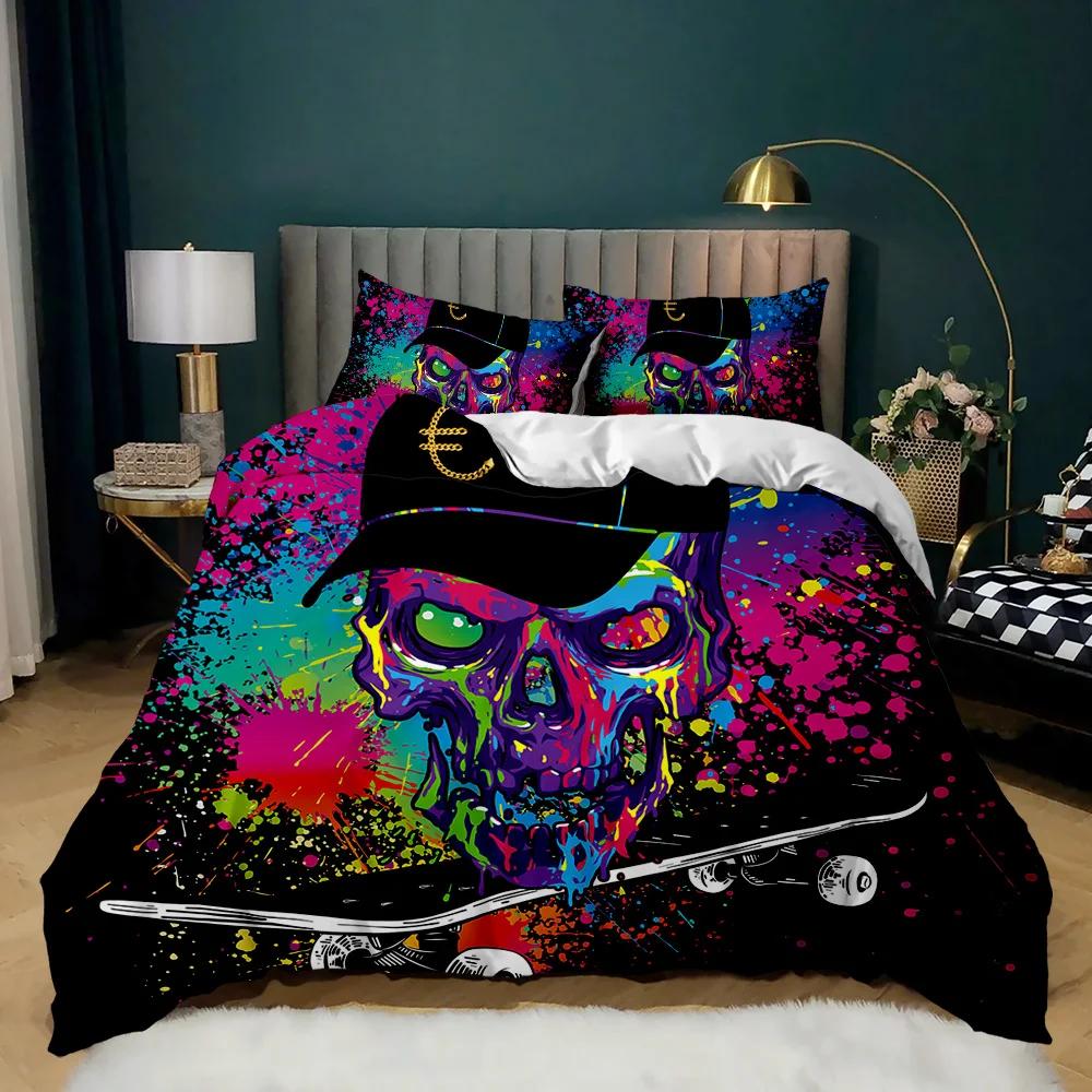 Cartoon Skateboard Duvet Cover Set Cartoon Wolf Kids Hip Hop Skateboard Sport Queen King Cute Wild Animal Polyester Quilt Cover
