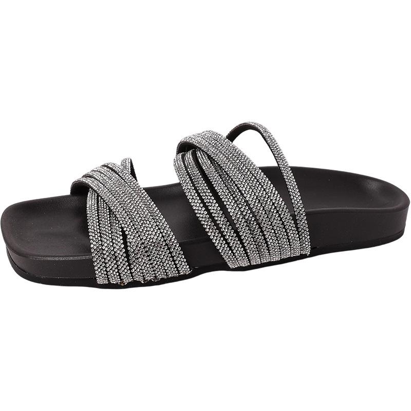 Rhinestone Cool Slippers Open-toed Flat-bottomed Roman One-word Slippers Women's 2025 Summer New Strap Versatile Casual Rhinestones