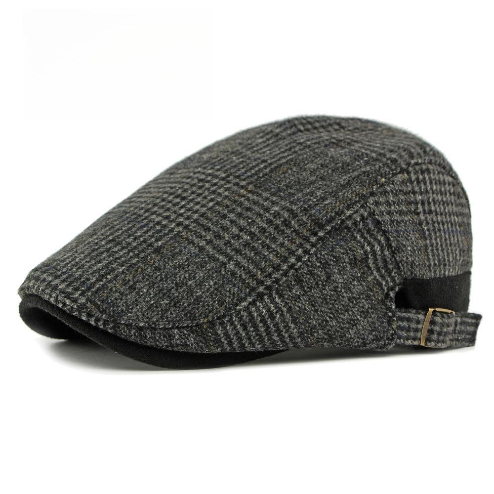Unisex Plaid Woolen Flat Cap Fleece Lined Winter Warm Ivy Cap Contrast Brim Gatsby Cabbie Hat Adjustable Strap British Retro Adjustable 55-59cm чёрный