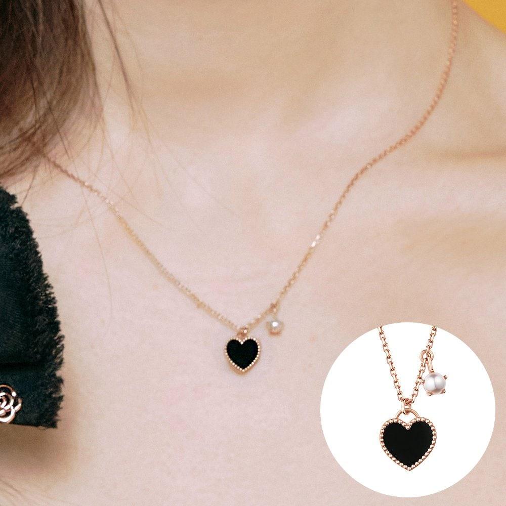 

[Rosemont] Silver Black Onyx Heart Necklace Rc24B03K