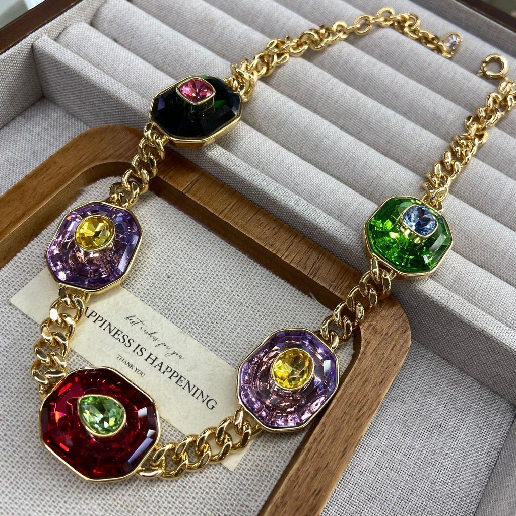 Fashion Crystal Premium Necklace Women'S Light Luxury Bracelet Color Dopamine Earrings Set Accessories