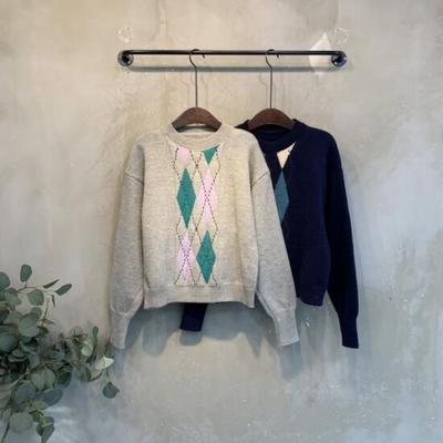 C S In The Room Manuel Color bloCk Argyle Semi Crop Knit 2Color