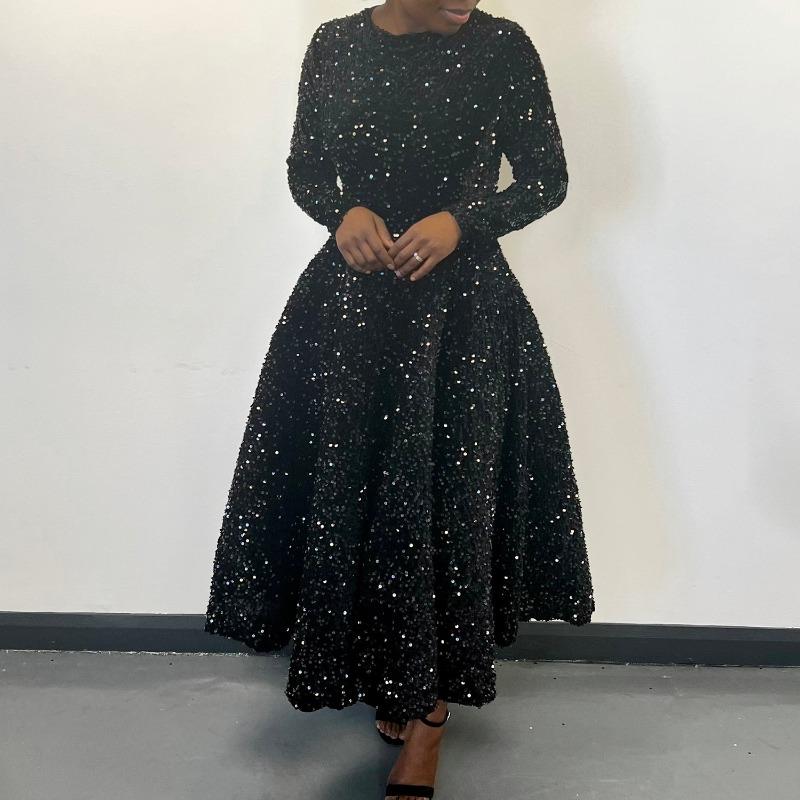 New women's clothing round neck long sleeve solid color sequins high waist temperament medium and long dress dress