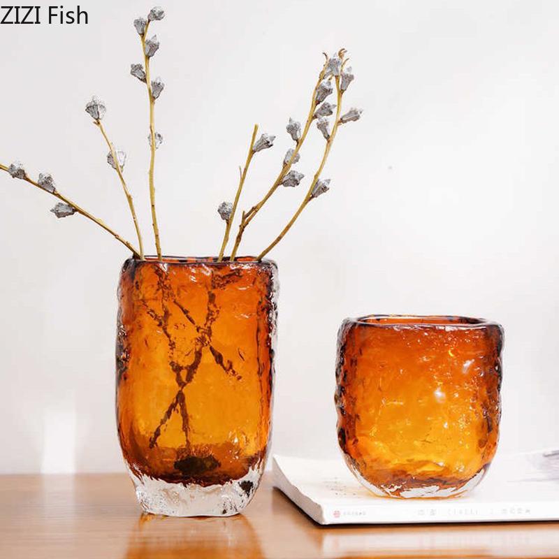 Ice Patterned Amber Glass Vase Plant Pots Table Decoration Flowers Arrangement Decorative Floral Vases Room Aesthetic Decor