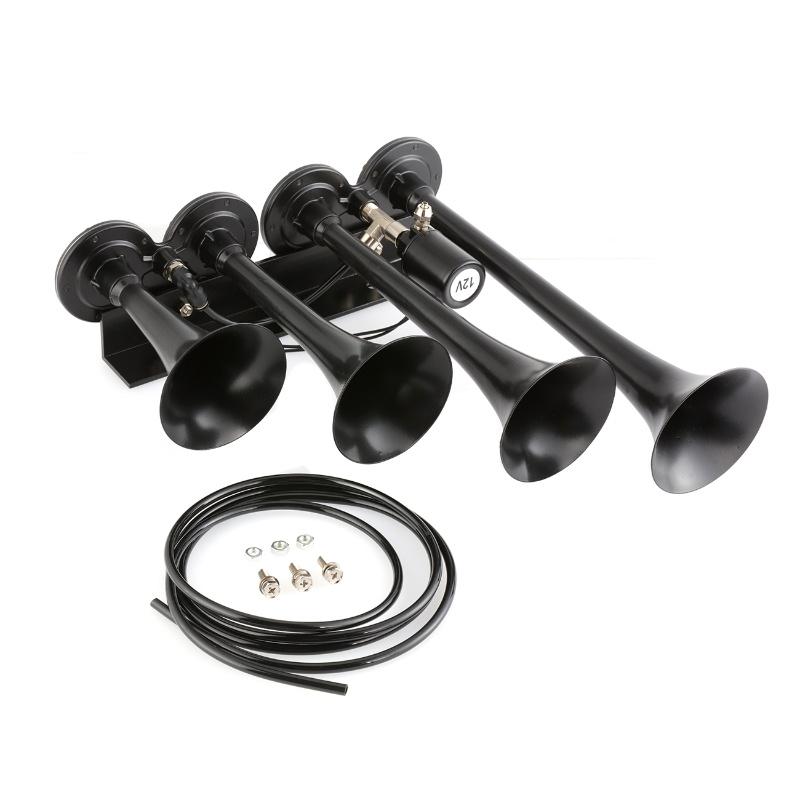 Bocina de Aire para Coche Súper Ruidosa de 135db y 12V con 4 Tubos Trompeta para Camión/Tren/Barco (Negro / plata)