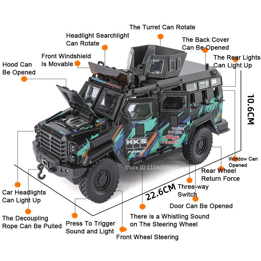 1:24 Sword Toothed Tiger Armored Car Model Toy Shock Absorption Pull Back Anti-riot Off-road Vehicles Sound Light Toys for Child