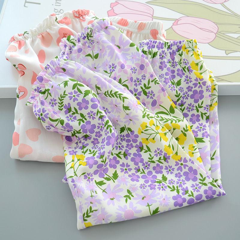 Sommer Mädchen Baumwolle und Seide Mückensichere Hose Dünn und Vielseitig Kinder Blumen Laternenhose Kunstbaumwolle Freizeithose