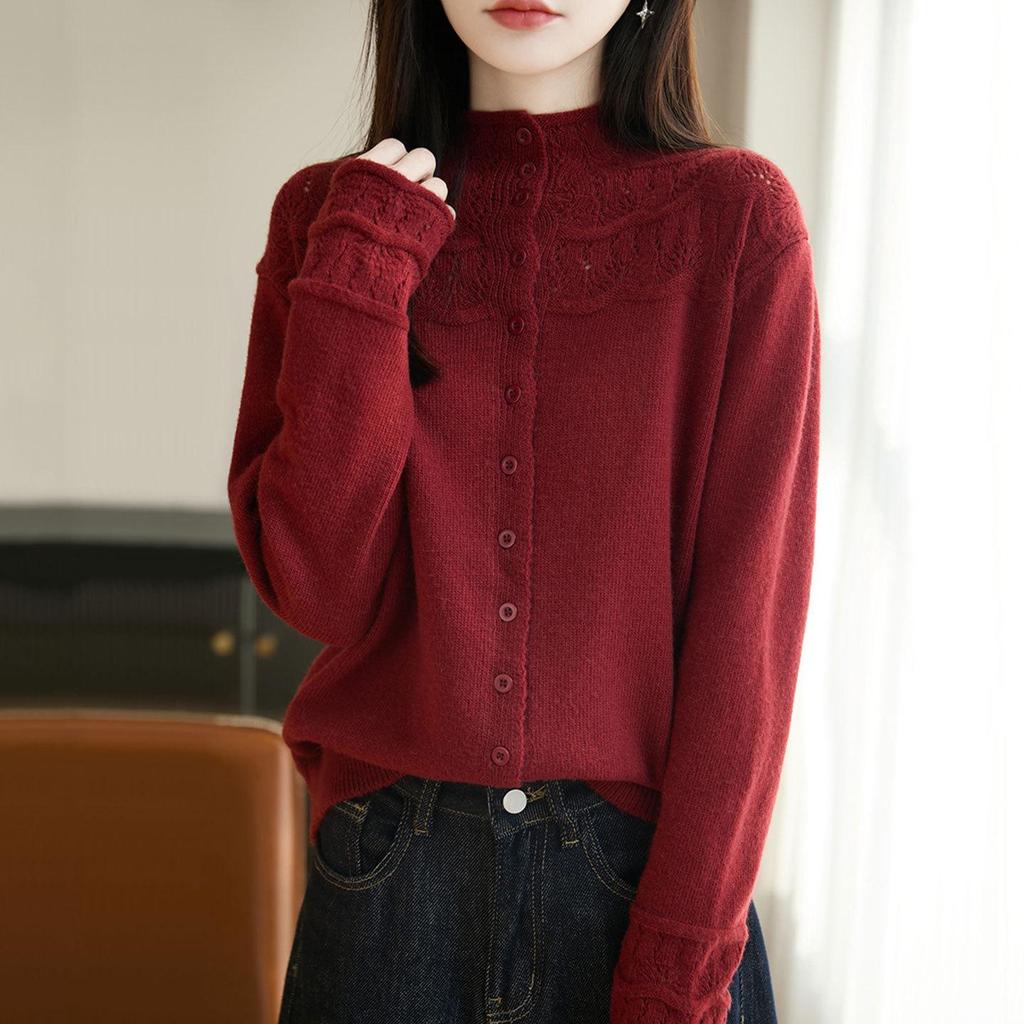 Pink Hollow Out Half-High Neck Cardigan Sweater - Women's Loose Fit Autumn/Winter Fashionable Outerwear