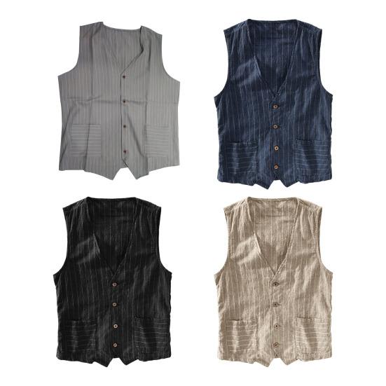 Kamizelka męska w stylu brytyjskim, dekolt w serek, bez kołnierza, bez rękawów, w paski, z kieszeniami, jednorzędowa kamizelka