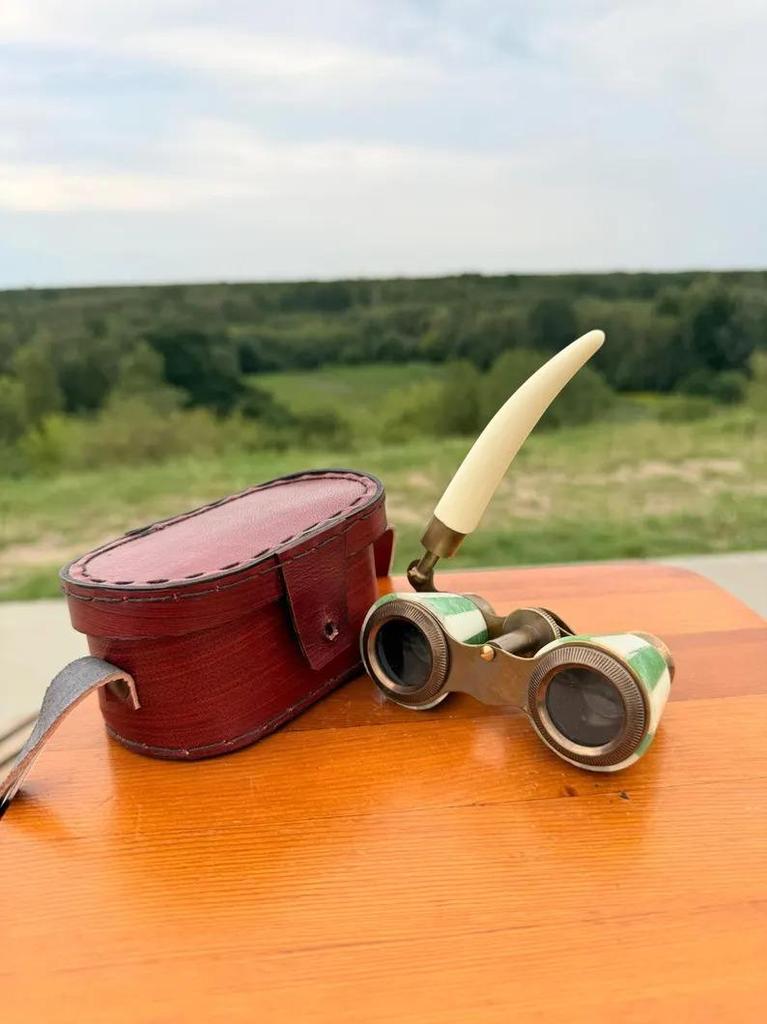 Vintage Green Opera Glasses with Leather Case – Brass & Enamel Binoculars