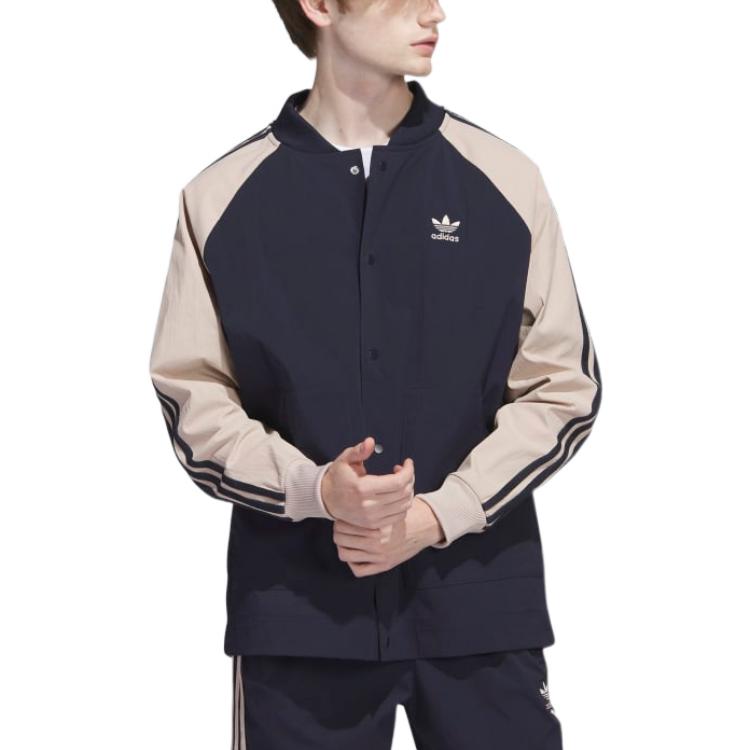 Adidas Originals Striped Logo Print Button-Up Track Jacket Men Outerwear Legend-Ink-Blue IC5543