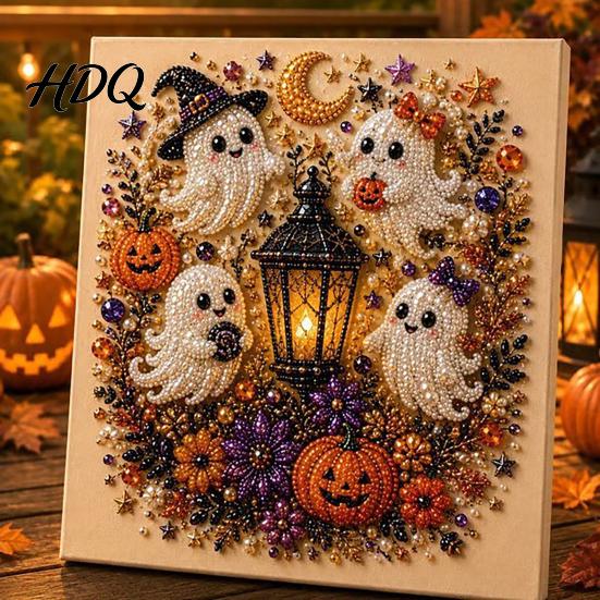 Happy Halloween Atmosphere Decor Ghost Faux Pearl Art DIY Kit Spooky 3D Bead Unique Home Painting Crafts Gothic Wall for Adults Beginners Decorative