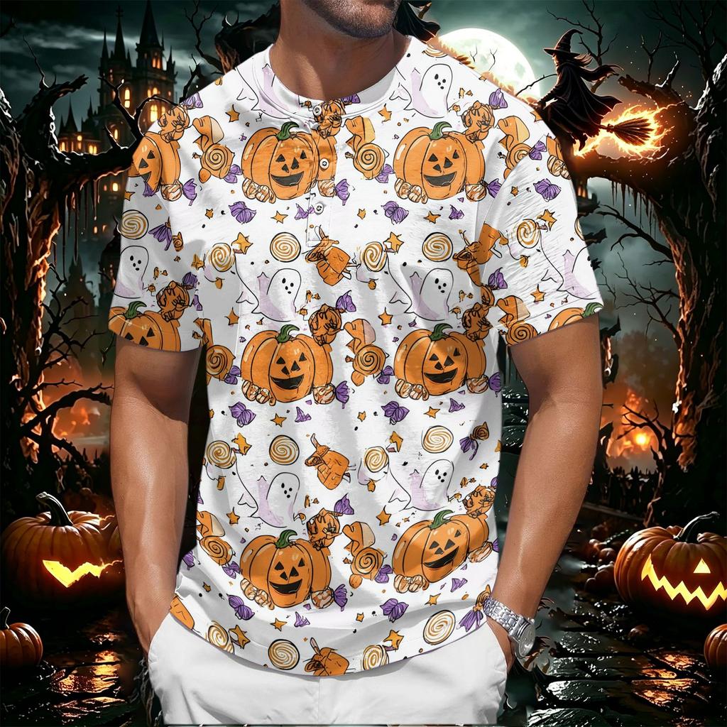 Men's Halloween Print Henley Short Sleeve Shirt Casual Lightweight Breathable Top with Button Front Design for Everyday Wear