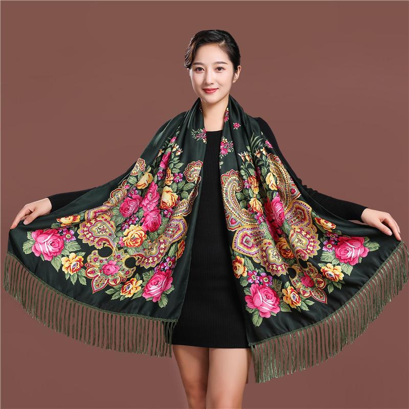 Russian Style Luxury Floral Printed Women Scarf Ethnic Fringed Shawl Babushka Hijab Head Wraps Lady Travel Sunshade Scarves