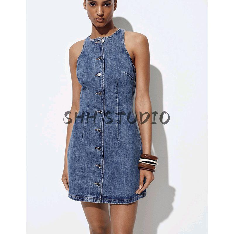 Summer New Product Women's Clothes Minimalist Style Metal Button Decoration Denim round Neck Short Sleeveless Dress 6147092
