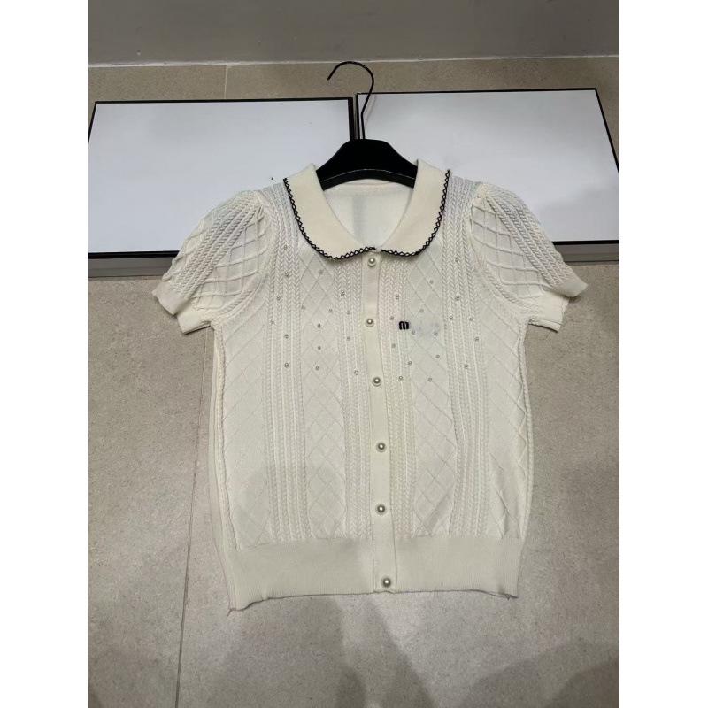 Miu Style Beaded Lapel Knit Top - Short Sleeve, Casual & Age-Reducing, 2026 Summer Collection