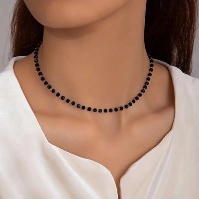 Polygonal Black Crystal Bead Chain Clavicle Chain Simple Gothic Style Necklace Jewelry for Women