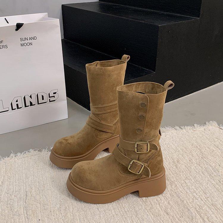 Height-increasing retro Maillard Martin boots for women's 2025 autumn new models, but two wear thick-soled thick-heeled western short boots