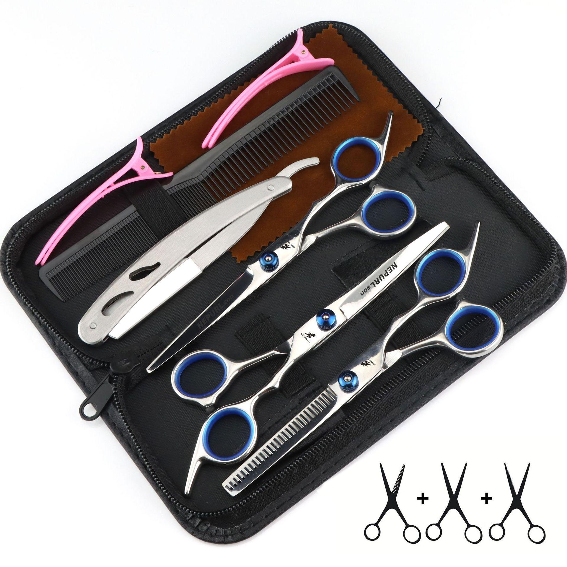 

6.0 Inch Hair Scissors, Set (Flat Scissors + Tooth Scissors + Bag + Maintenance Oil + Piece Comb) Hair Scissors white screw 3-piece small tooth opening set