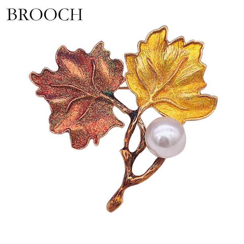 Pearl Drop Oil Maple Leaf Brooch High-End Niche Pin Fashion High-End Metal Silk Scarf Buckle Women'S Accessories