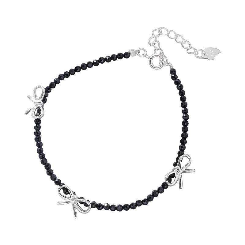 

Браслет из стерлингового серебра 925 пробы с черным кристаллом и бантом, женский корейский нишевый дизайн, простой, свежий, универсальный браслет ручной работы 925