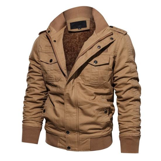 Men Bomber Jacket Plush Lining Multi Pockets Solid Color Zipper Closure Coldproof Autumn Winter Cargo Coat Windbreaker Streetwear