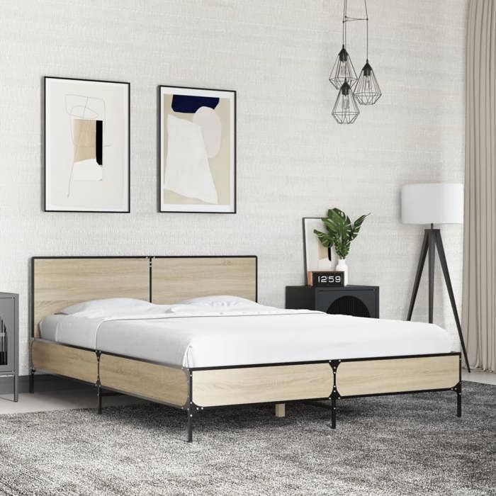 VidaXL Bed Frames Sonoma Oak 140x200 Cm Engineered Wood and Metal, Bed, Bedroom Furniture, Slatted Base, Bed 3279998