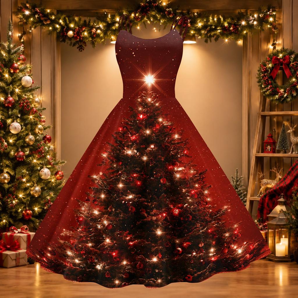 Women's Casual Retro Christmas Print Round Neck Dress, Stylish Holiday Party Outfit