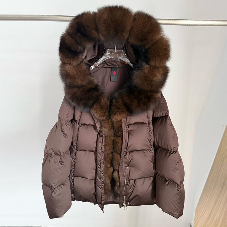 Winter new fox fur collar hooded white goose down jacket women's short loose thickened warm fur jacket