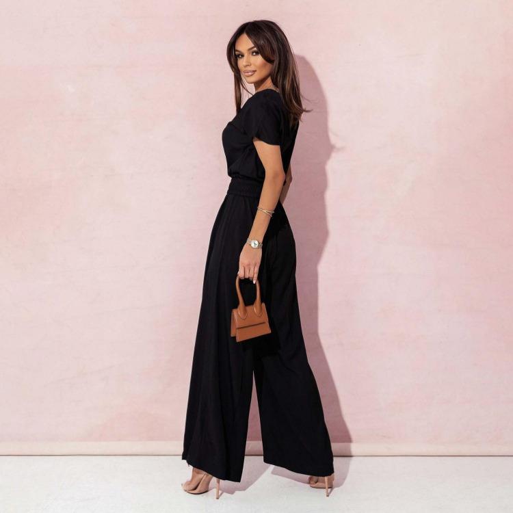 Polka Dot Wide Leg Jumpsuit Sexy Slim Waist Short Sleeve Dolman Neck Solid Color Trousers