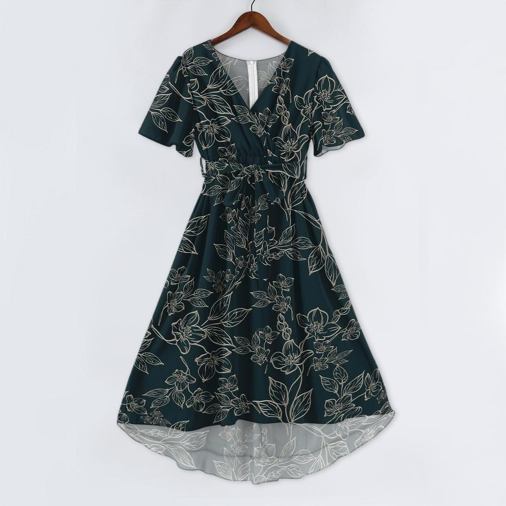 Women's Fashion Casual V Neck Short Sleeve Ruffled Vintage Printed Dresses
