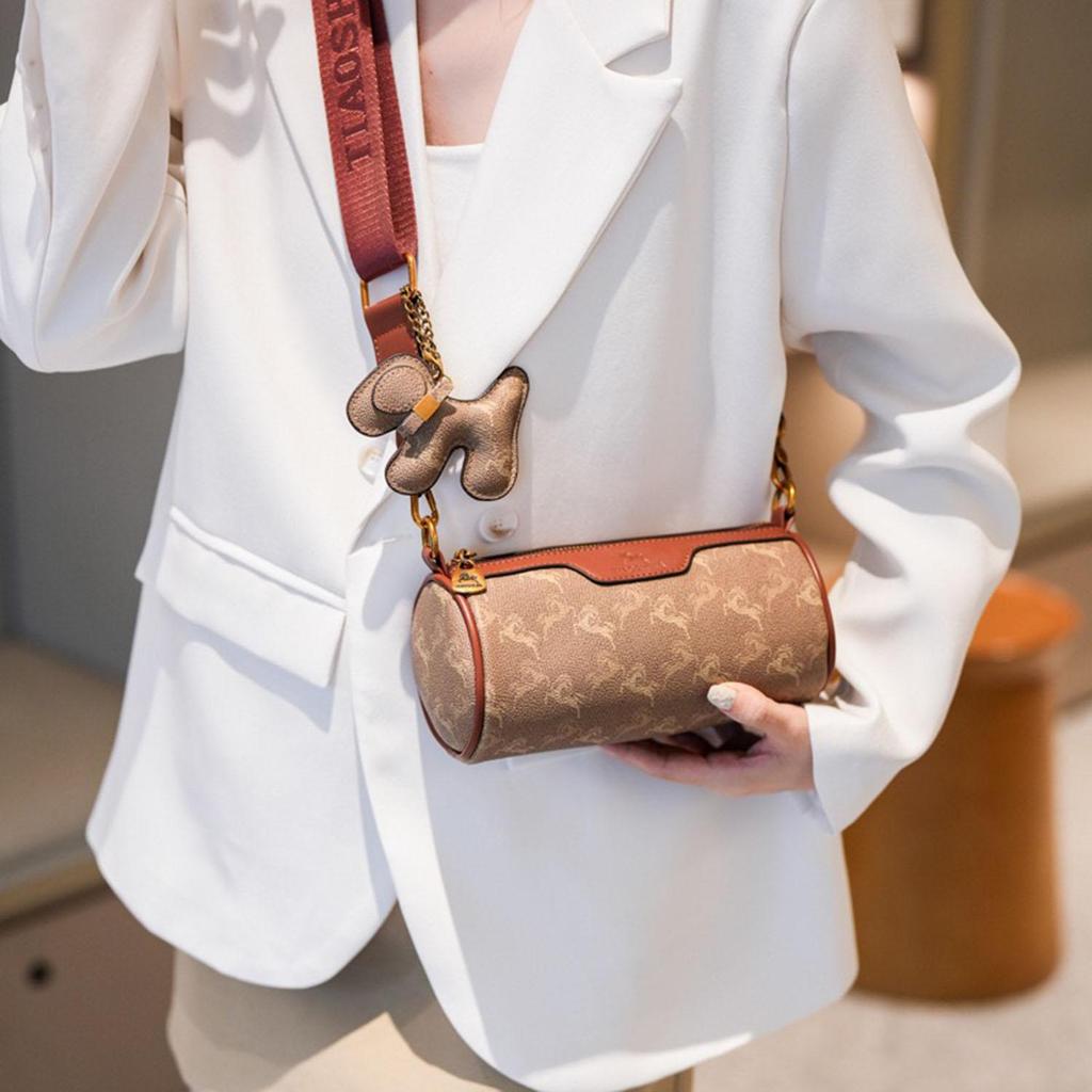 Women's fashionable wide shoulder strap cylindrical bag retro printed pillow bag shoulder bag crossbody bag