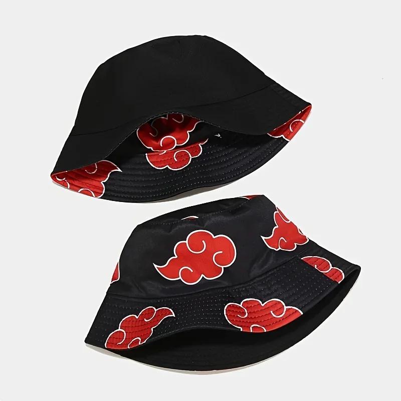 Sombrero Cubo de Dibujos Animados Anime Japonés Bordado de Nube Roja Algodón Sombrero de Pescador Akatsuki Protector Solar para Exteriores para Mujeres Hombres Sombrero de Verano