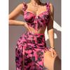 Women Sexy Exotic Sets Sheer Mesh Lingerie Set See Through Ruffle Strap Corset Crop Top Drawstring Split Midi Skirt Nightwear