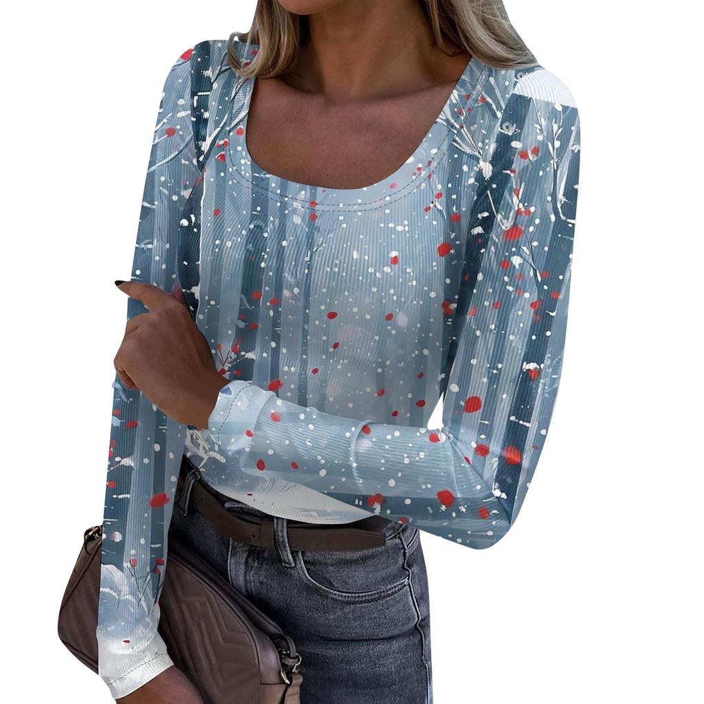 Women's Fashion Slim Bottom Casual Long Sleeve Christmas Printed Pullover U Neck Top