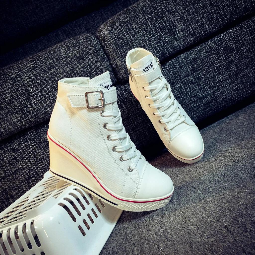 Pantofi cu pană din pânză high top pentru femei Pantofi cu șireturi din denim până la gleznă pentru femei Pantofi din pânză pentru gleznă pentru doamne Adidași cu toc de 8cm pentru femei